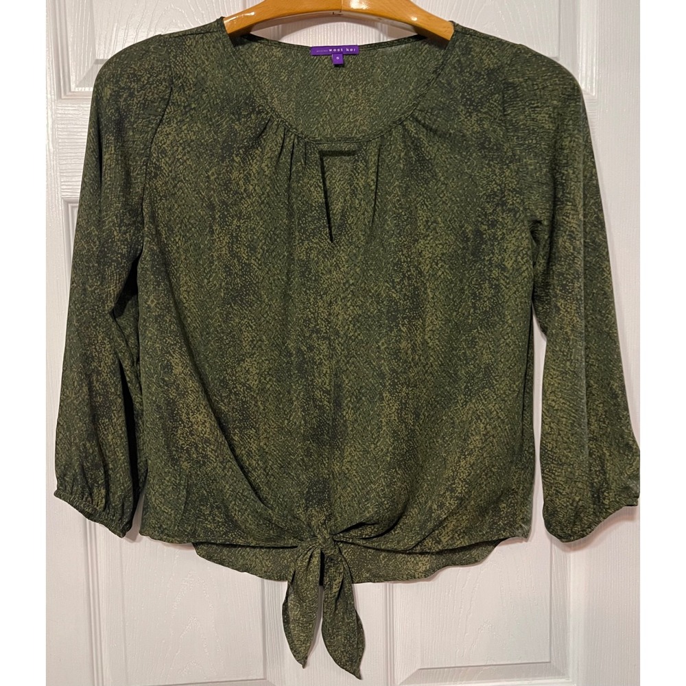 West Kei Olive Green Snakeskin‎ Print Front Tie Blouse Womens Sz S Earthy Safari